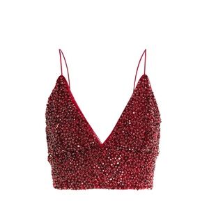 Alice + Olivia Bordeaux Red Crystal Embellished Crop Top With Smocked Back NWT